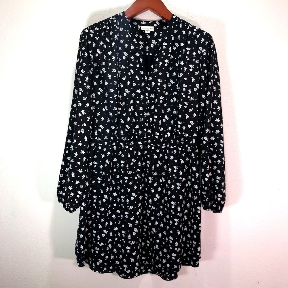 Maison Jules Womens Black White Floral V-Neck Long Sleeve Mini Dress XXL Boho